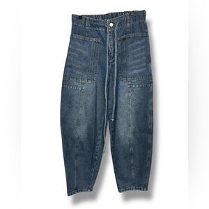 Women’s Denim Cotton Blend Drawstring Barrel Jeans Sz M Medium EUC